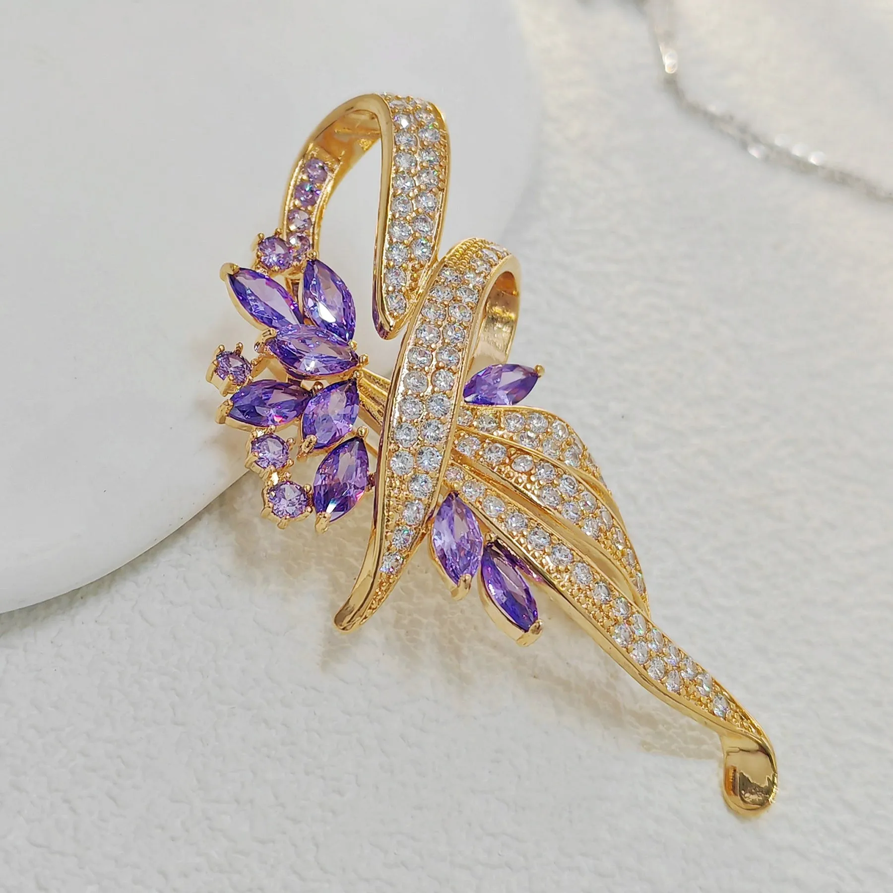 Fabulous Purple Floral and Ribbon Bow Brooch Pin for Women Elegant Jewelry