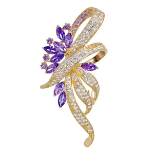 Fabulous Purple Floral and Ribbon Bow Brooch Pin for Women Elegant Jewelry
