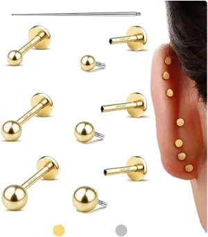 Flat Back Earrings Studs : 14K Gold Filled Titanium Surgical Steel Stud Earring Hypoallergenic for Women Men 18G Cartilage Helix Tragus Conch Piercing Jewelry Dainty Ball Earrings Set