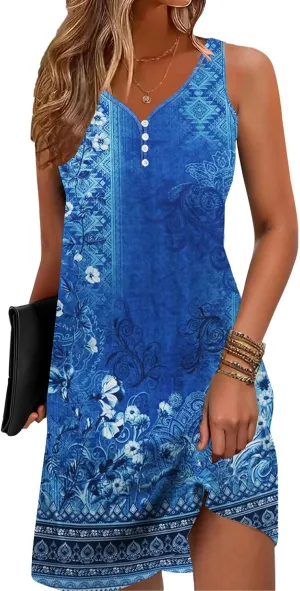 Floral Printed Summer Dresses A-Line Elegant Dress Womens Vintage Sleeveless Beach Sundress