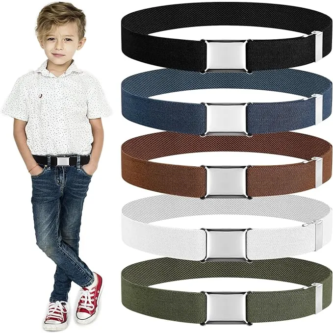 Furuising 5PCS Elastic Kids Belt, Adjustable Kids Belts with Flat Square Buckle, Stretch Toddler Belt for 2-15 Years Boys Girls School Trousers