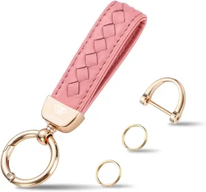 Genuine Leather Keychains, Handmade Knit Sheepskin Car Key chain for Women, Universal Key Fob Holder with 360 Degree Rotatable, Anti-Lost D-Ring, 2 Keyrings and 1 Screwdriver  Pink