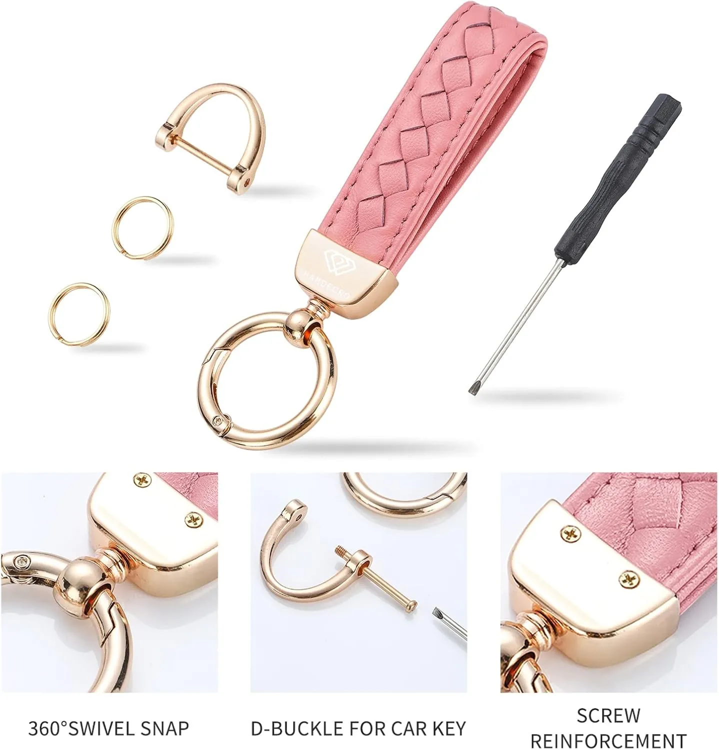 Genuine Leather Keychains, Handmade Knit Sheepskin Car Key chain for Women, Universal Key Fob Holder with 360 Degree Rotatable, Anti-Lost D-Ring, 2 Keyrings and 1 Screwdriver  Pink