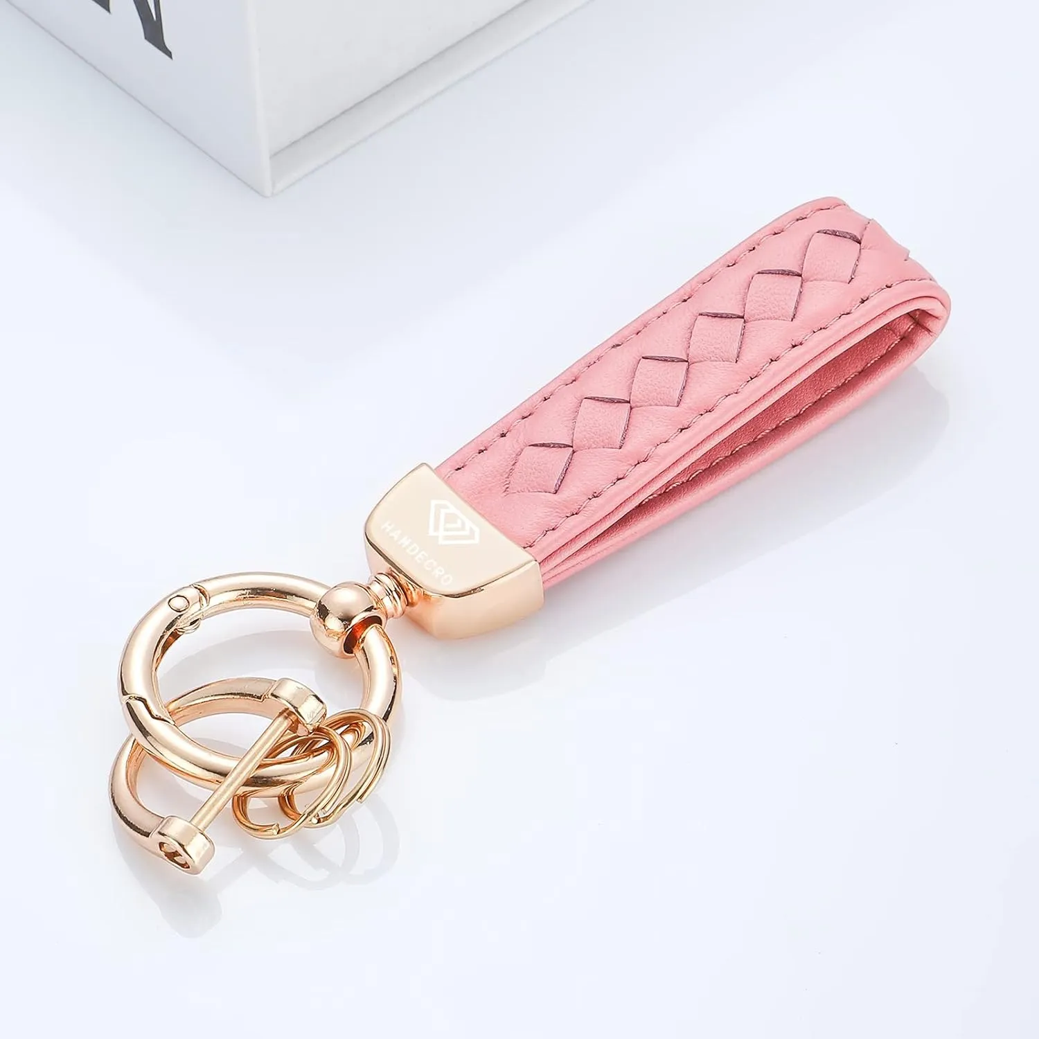 Genuine Leather Keychains, Handmade Knit Sheepskin Car Key chain for Women, Universal Key Fob Holder with 360 Degree Rotatable, Anti-Lost D-Ring, 2 Keyrings and 1 Screwdriver  Pink