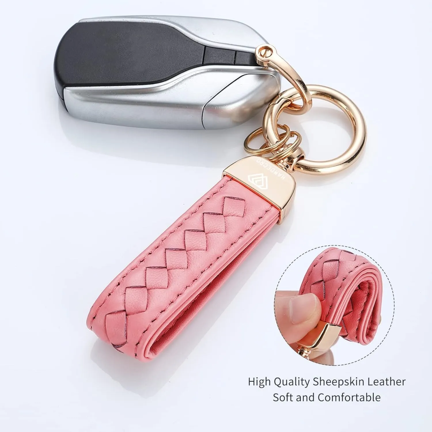 Genuine Leather Keychains, Handmade Knit Sheepskin Car Key chain for Women, Universal Key Fob Holder with 360 Degree Rotatable, Anti-Lost D-Ring, 2 Keyrings and 1 Screwdriver  Pink