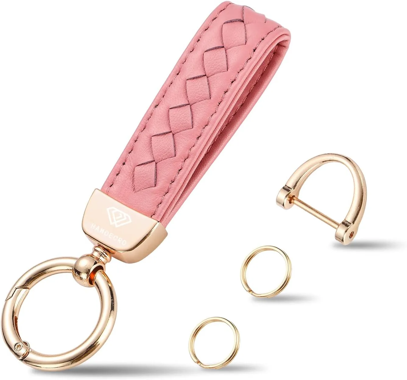 Genuine Leather Keychains, Handmade Knit Sheepskin Car Key chain for Women, Universal Key Fob Holder with 360 Degree Rotatable, Anti-Lost D-Ring, 2 Keyrings and 1 Screwdriver  Pink