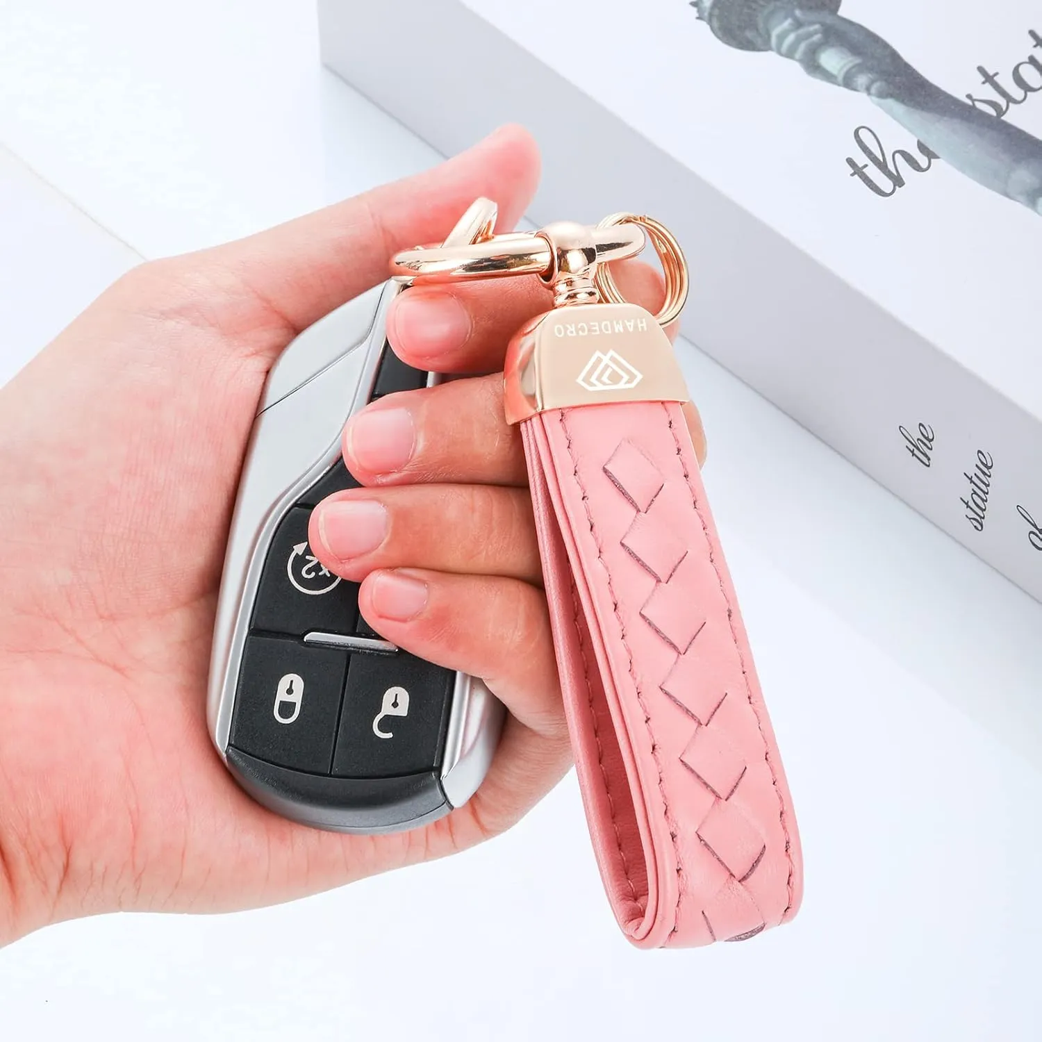 Genuine Leather Keychains, Handmade Knit Sheepskin Car Key chain for Women, Universal Key Fob Holder with 360 Degree Rotatable, Anti-Lost D-Ring, 2 Keyrings and 1 Screwdriver  Pink