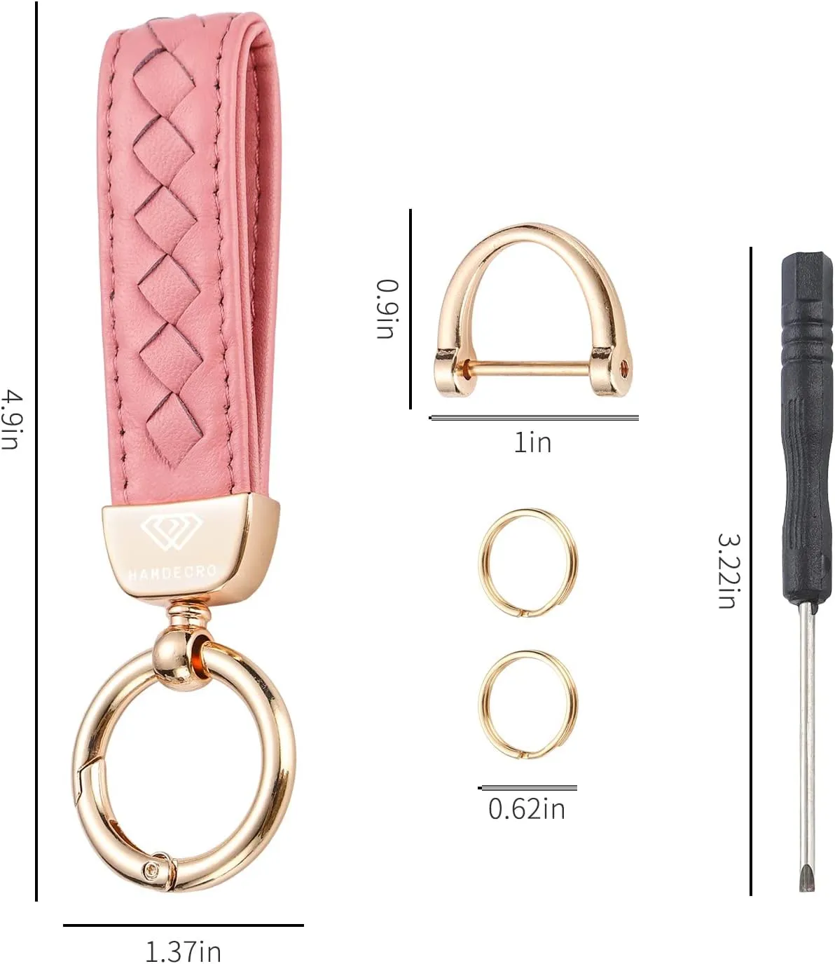 Genuine Leather Keychains, Handmade Knit Sheepskin Car Key chain for Women, Universal Key Fob Holder with 360 Degree Rotatable, Anti-Lost D-Ring, 2 Keyrings and 1 Screwdriver  Pink