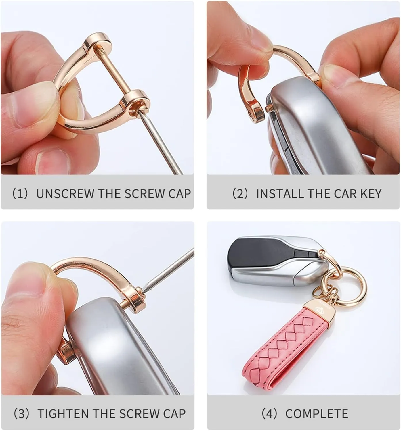 Genuine Leather Keychains, Handmade Knit Sheepskin Car Key chain for Women, Universal Key Fob Holder with 360 Degree Rotatable, Anti-Lost D-Ring, 2 Keyrings and 1 Screwdriver  Pink