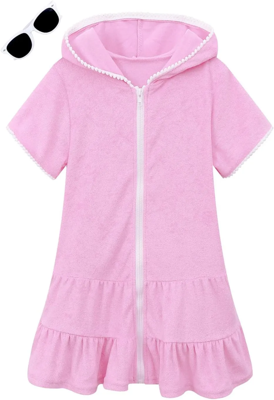 Girls Swim Cover Up Terry Swimsuit Coverup Kids Zip-Up Beach Pool Bathing Suit Wraps with Sunglasses