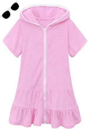 Girls Swim Cover Up Terry Swimsuit Coverup Kids Zip-Up Beach Pool Bathing Suit Wraps with Sunglasses