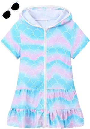 Girls Swim Cover Up Terry Swimsuit Coverup Kids Zip-Up Beach Pool Bathing Suit Wraps with Sunglasses