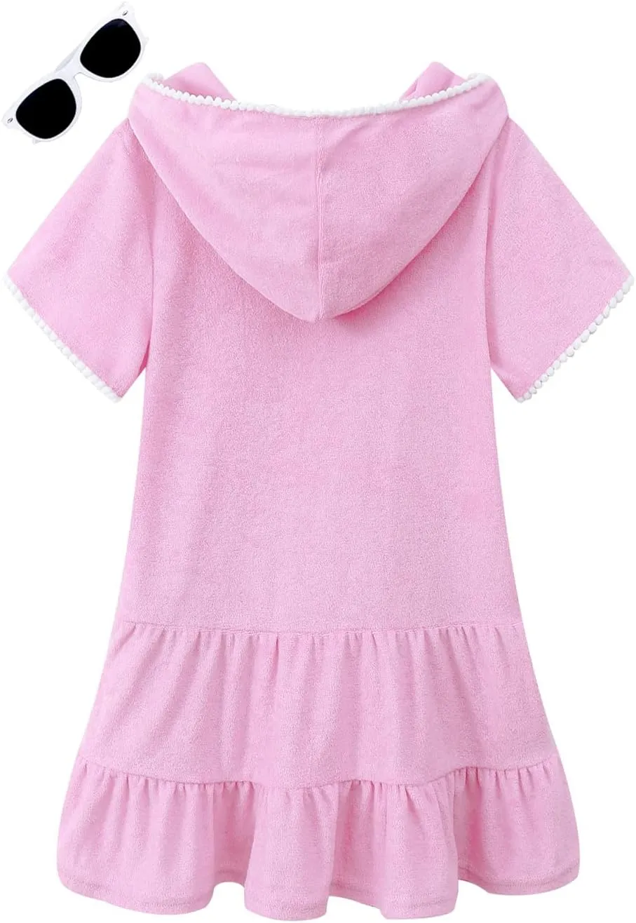Girls Swim Cover Up Terry Swimsuit Coverup Kids Zip-Up Beach Pool Bathing Suit Wraps with Sunglasses