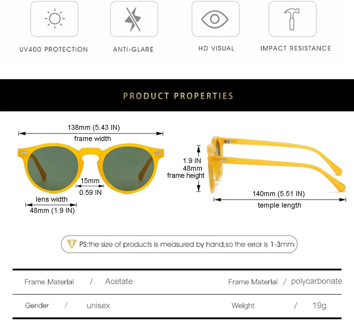 Gleyemor Vintage Polarized Sunglasses for Men Round Sunglasses UV400 Protection Retro Hand-crafted Acetate Frame