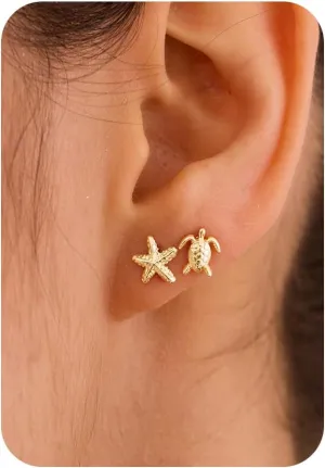 Gold Earrings for Women - 2 Pairs 14K Gold/Silver Plated Small Shell, Starfish, Turtle, Seahorse, Octopus, Cicada Stud Earrings Set Summer Beachy Jewelry for Women Gifts