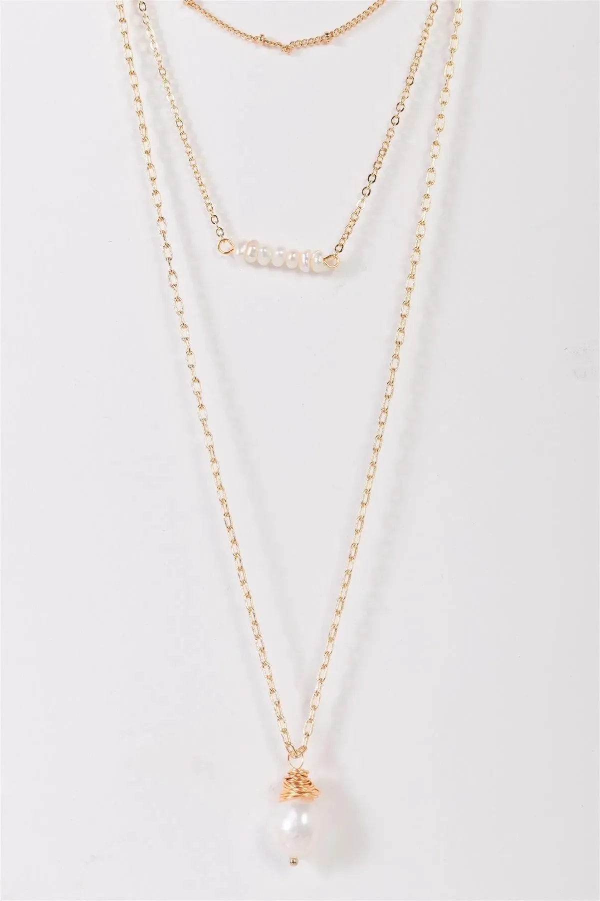 Gold Triple Layered Ball & Curb Paper Clip & Link Chains With Pearl Charms And Pendant Necklace /3 Pieces