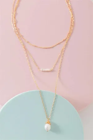 Gold Triple Layered Ball & Curb Paper Clip & Link Chains With Pearl Charms And Pendant Necklace /3 Pieces