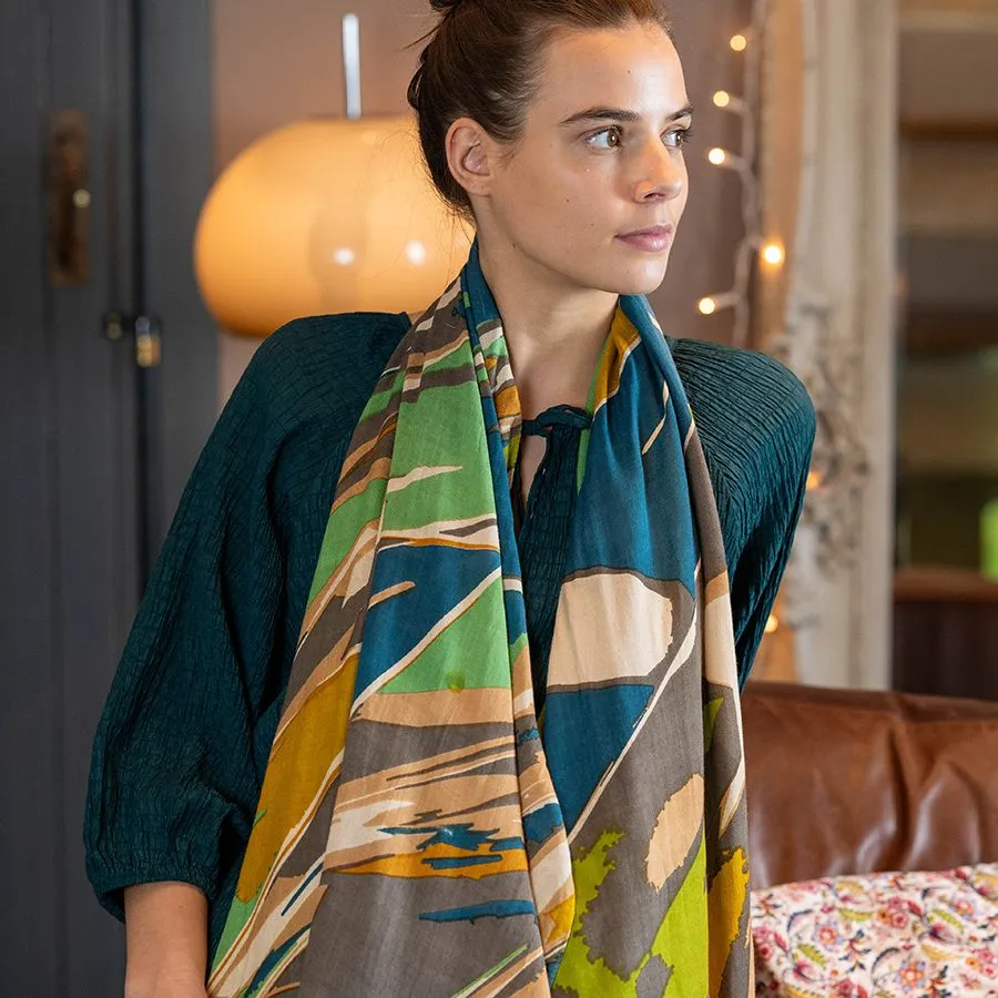 Green & Mustard Mix Splash Print Scarf