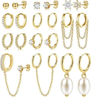 HAIAISO 10 Pairs Small Gold Huggie Hoop Earrings for Women Lightweight Double Piercing Chain Earrings Dainty Gold Stud Earrings Hypoallergenic Gold Hoop Earrings Set