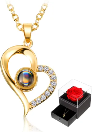 Hicarer Necklace Gift for Girlfriend I Love You in 100 Languages Projection Pendant Necklace with Preserved Red Real Rose Flowers in Box for Women Mom Wife on Anniversary Birthday