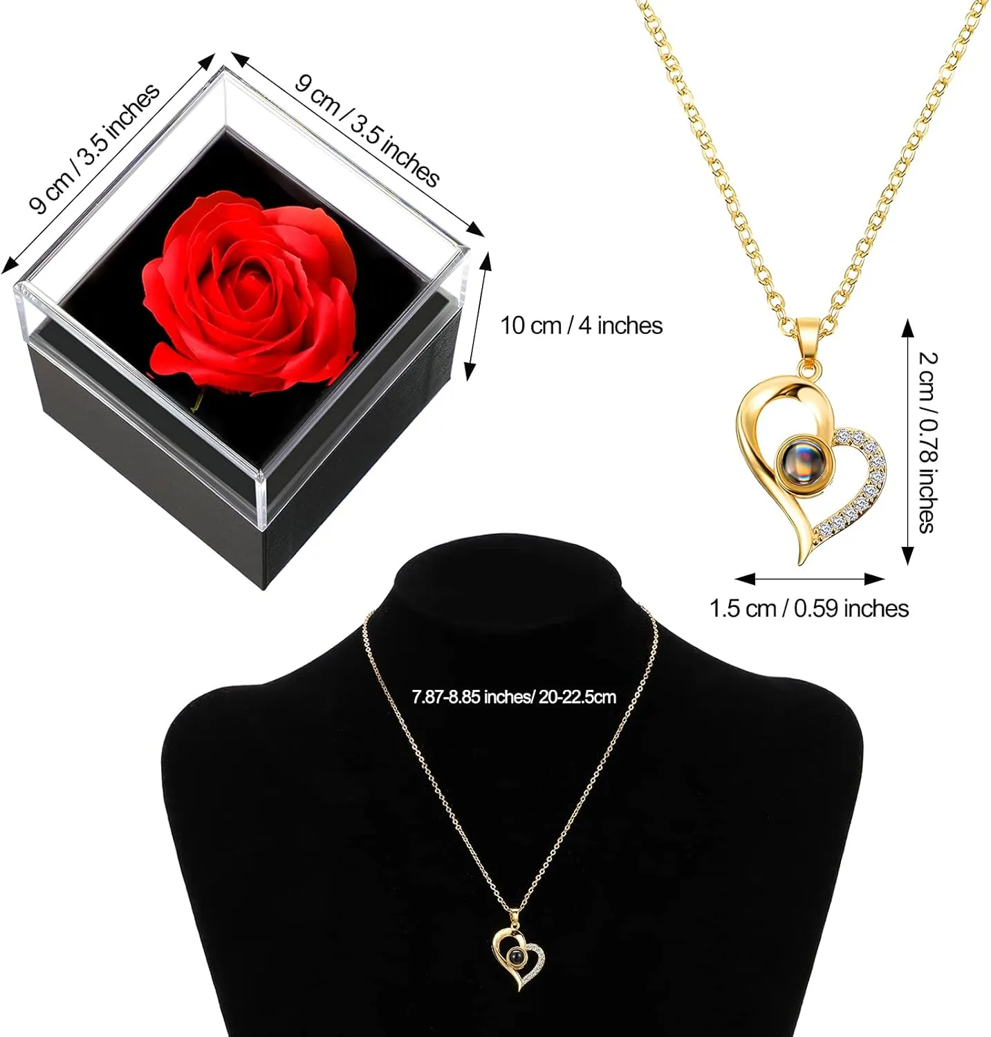 Hicarer Necklace Gift for Girlfriend I Love You in 100 Languages Projection Pendant Necklace with Preserved Red Real Rose Flowers in Box for Women Mom Wife on Anniversary Birthday