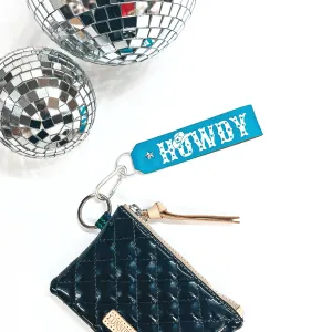 Howdy Star Print Faux Leather Keychain in Turquoise with Matte Silver Tone Key Ring