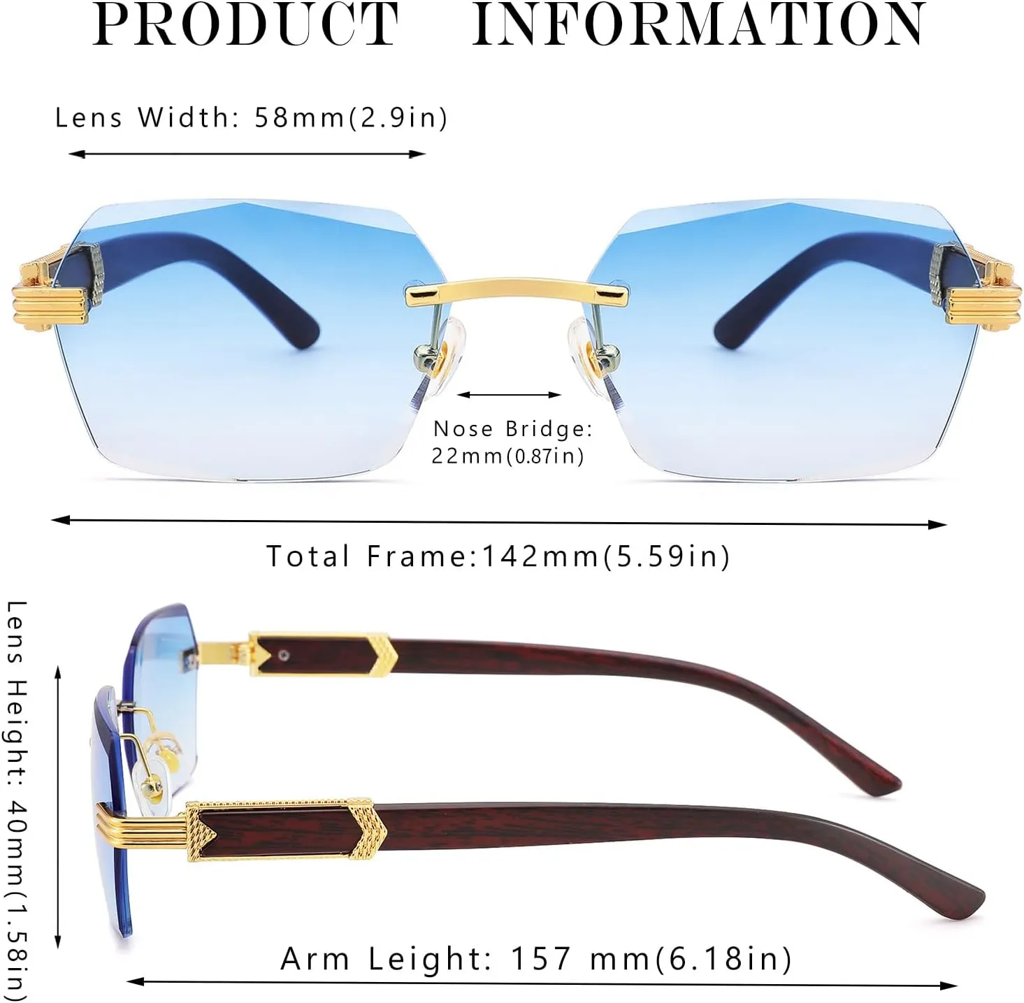 Hycredi Rimless Rectangle Sunglasses Men Women Retro Frameless Square Shade Y2k Sun Glasses Tinted Eyewear