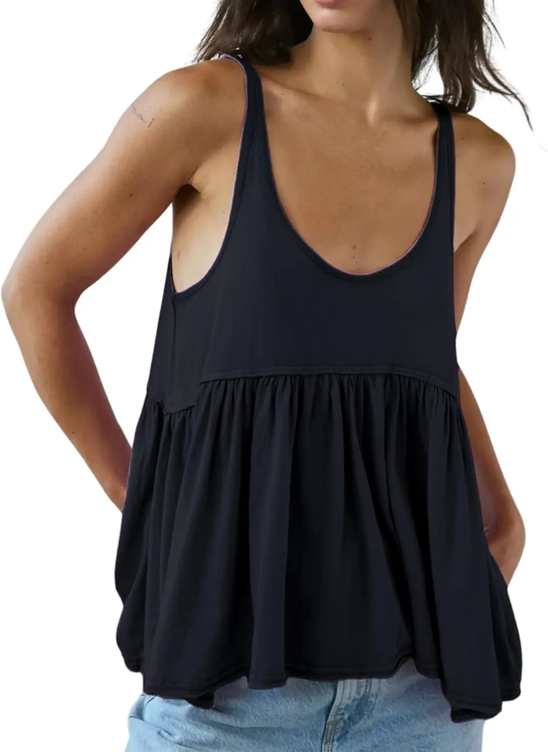 InterNos Women's Summer Flowy Tank Tops Sleeveless Strap Ruffle Shirts Babydoll Tunic Tank Peplum Tops