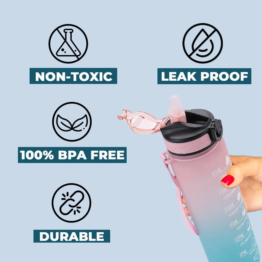 Kuber Industries Motivational Water Bottle with Time Marker | Sipper Water Bottle for Kids & Adults with Straw | For Gym, Home, Office & School | Pink Blue -1 L (Pack Of 4)