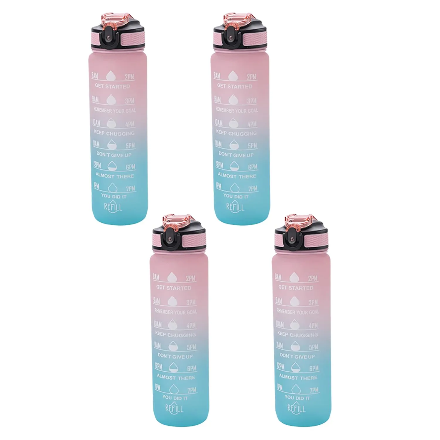 Kuber Industries Motivational Water Bottle with Time Marker | Sipper Water Bottle for Kids & Adults with Straw | For Gym, Home, Office & School | Pink Blue -1 L (Pack Of 4)