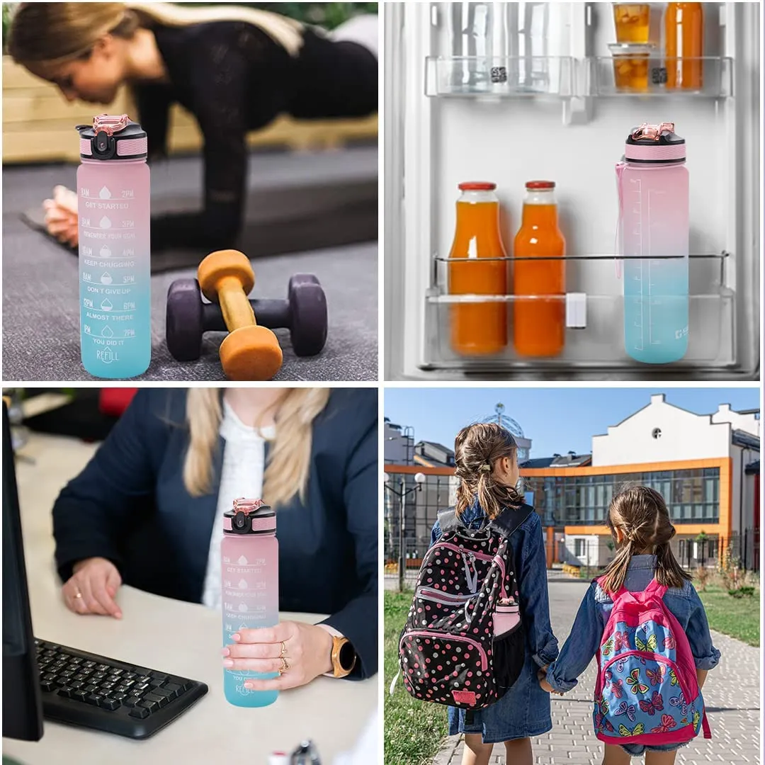 Kuber Industries Motivational Water Bottle with Time Marker | Sipper Water Bottle for Kids & Adults with Straw | For Gym, Home, Office & School | Pink Blue -1 L (Pack Of 4)