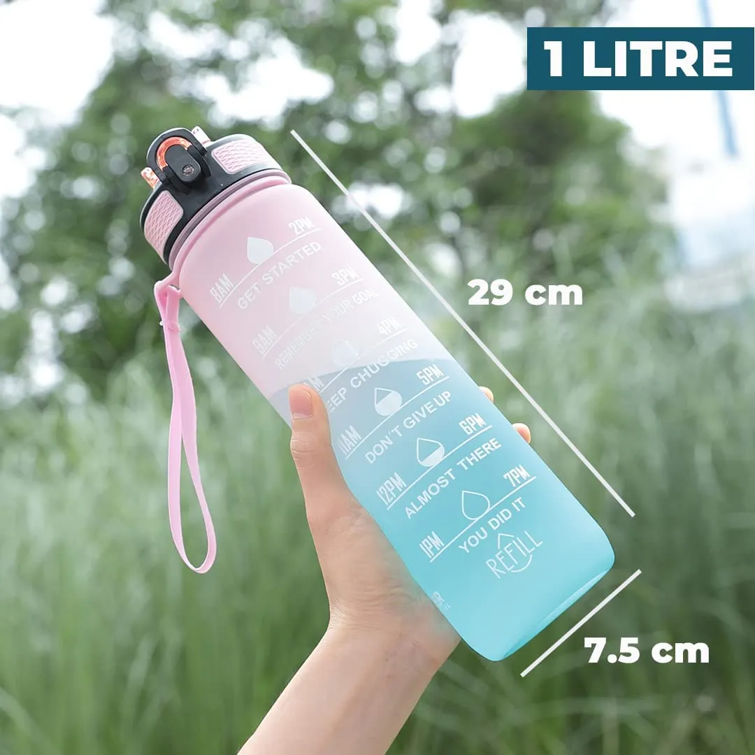 Kuber Industries Motivational Water Bottle with Time Marker | Sipper Water Bottle for Kids & Adults with Straw | For Gym, Home, Office & School | Pink Blue -1 L (Pack Of 4)