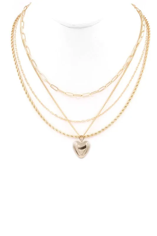 Layered Metal Heart Pendant Layered Necklace-Gold