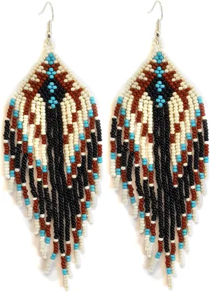 Long Beaded Dangle Earrings  Boho Native Handmade Seed Bead Tassel Bohemian Large Statement Drop Fringes for Women