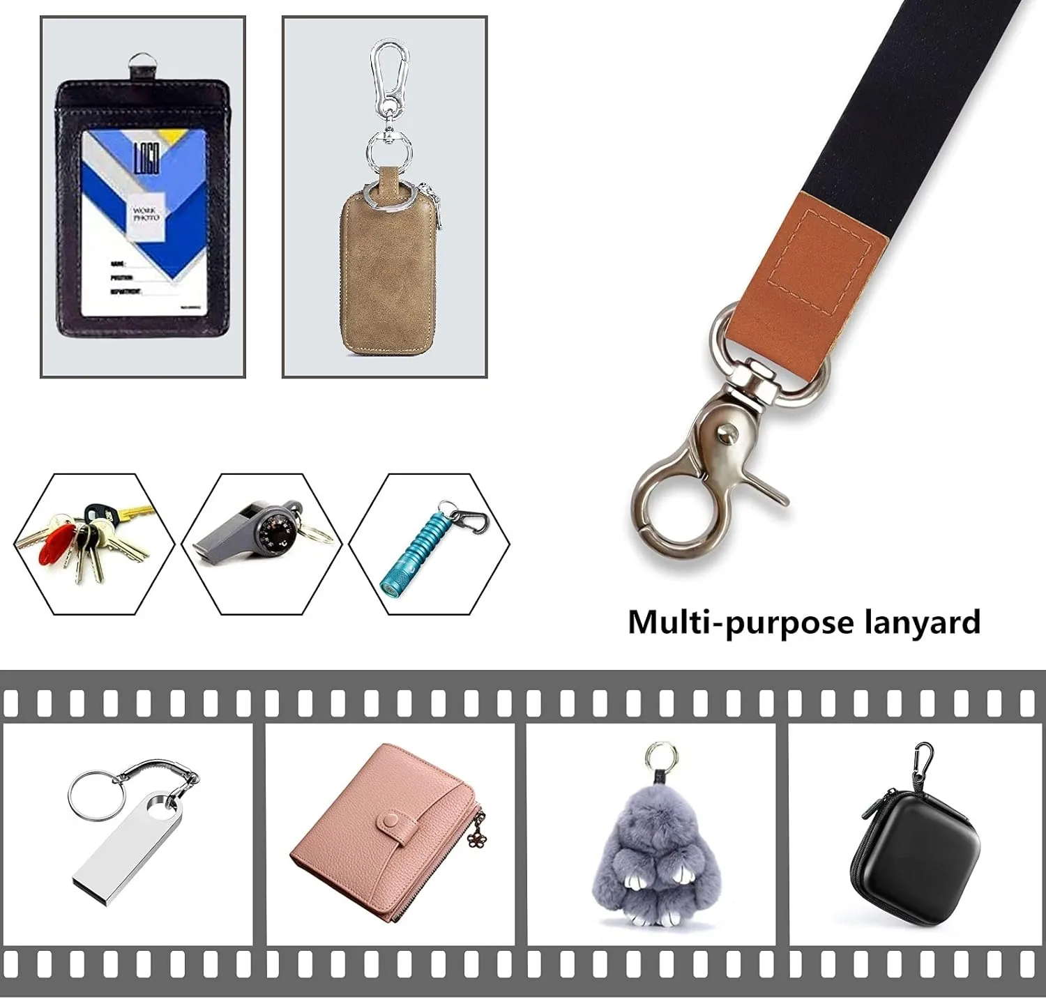 Long Neck Lanyard Leather Keychains with Metal Clasp, Sturdy Durable Women Men Id Badge Lanyard, Neck Lanyard Strap Ideal for Car Keys, Card Holder, Whistle, Keychain, Wallet