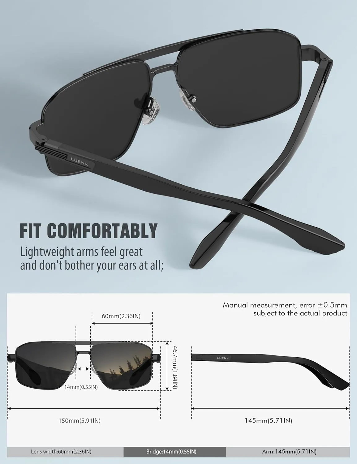 LUENX Aviator Sunglasses for Men Retro Square Polarized Polygon Shades UV 400 Protection