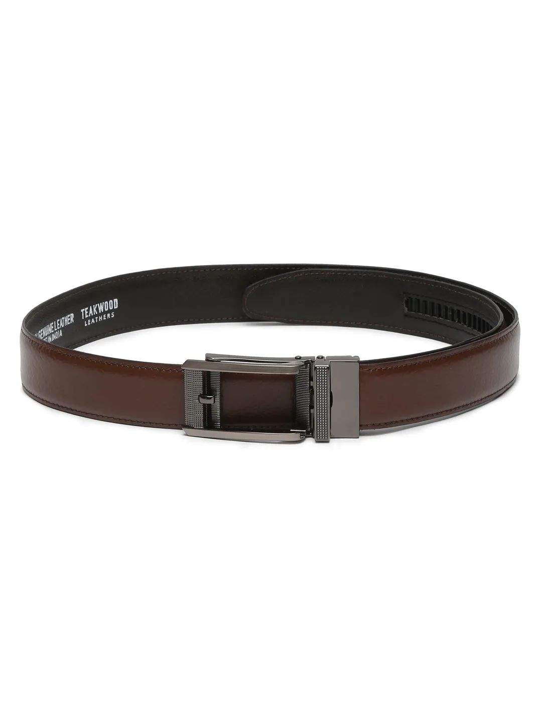 Men Texture Brown Leather Auto-Lock Buckle Belt