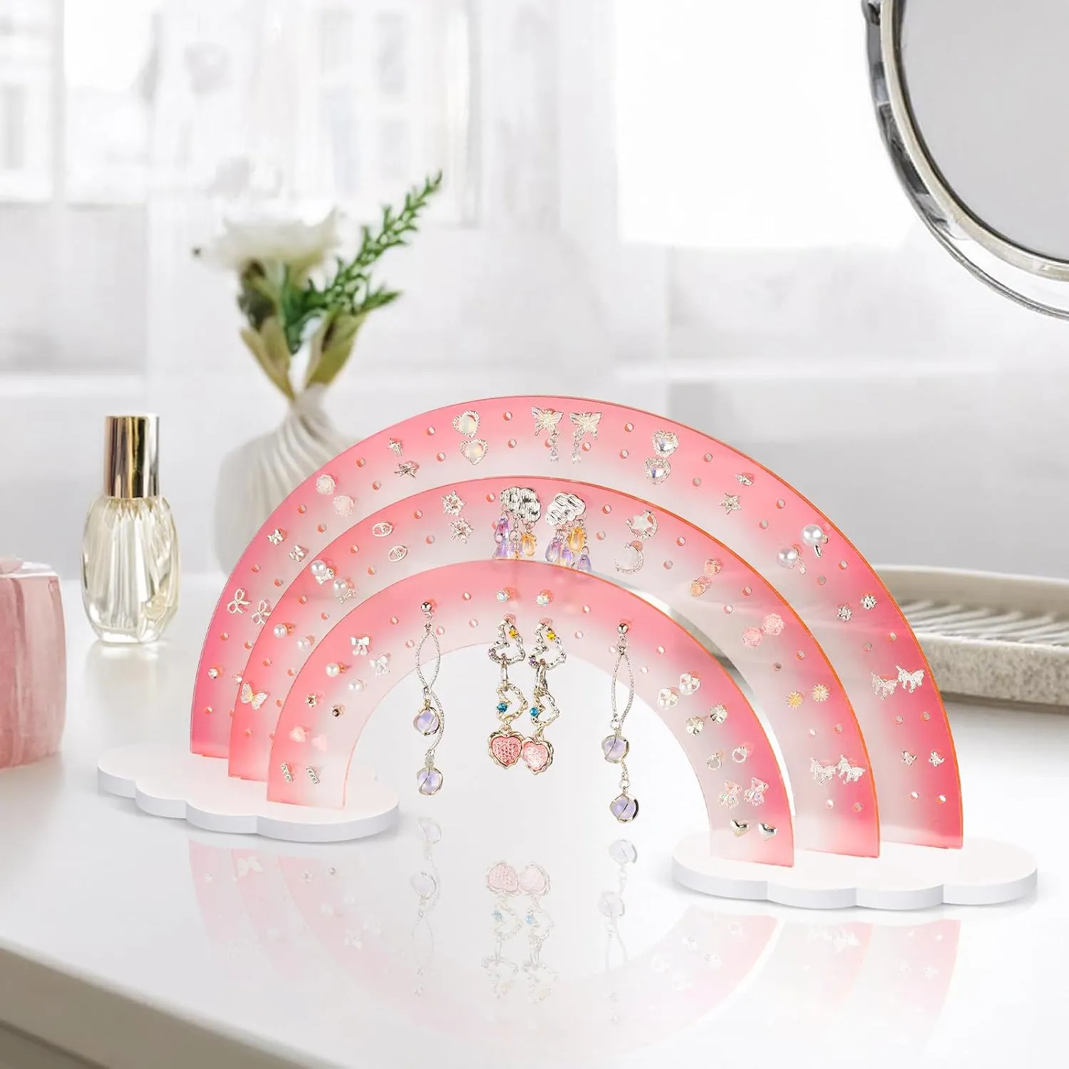 NiHome 3-Tier Gradient Color Acrylic Rainbow Earring Organizer, 14" W x 6.3" H Lightweight and Durable Design 140 Holes for 70 Pairs, Unique Front Row for Special Earrings (Pink Gradient)