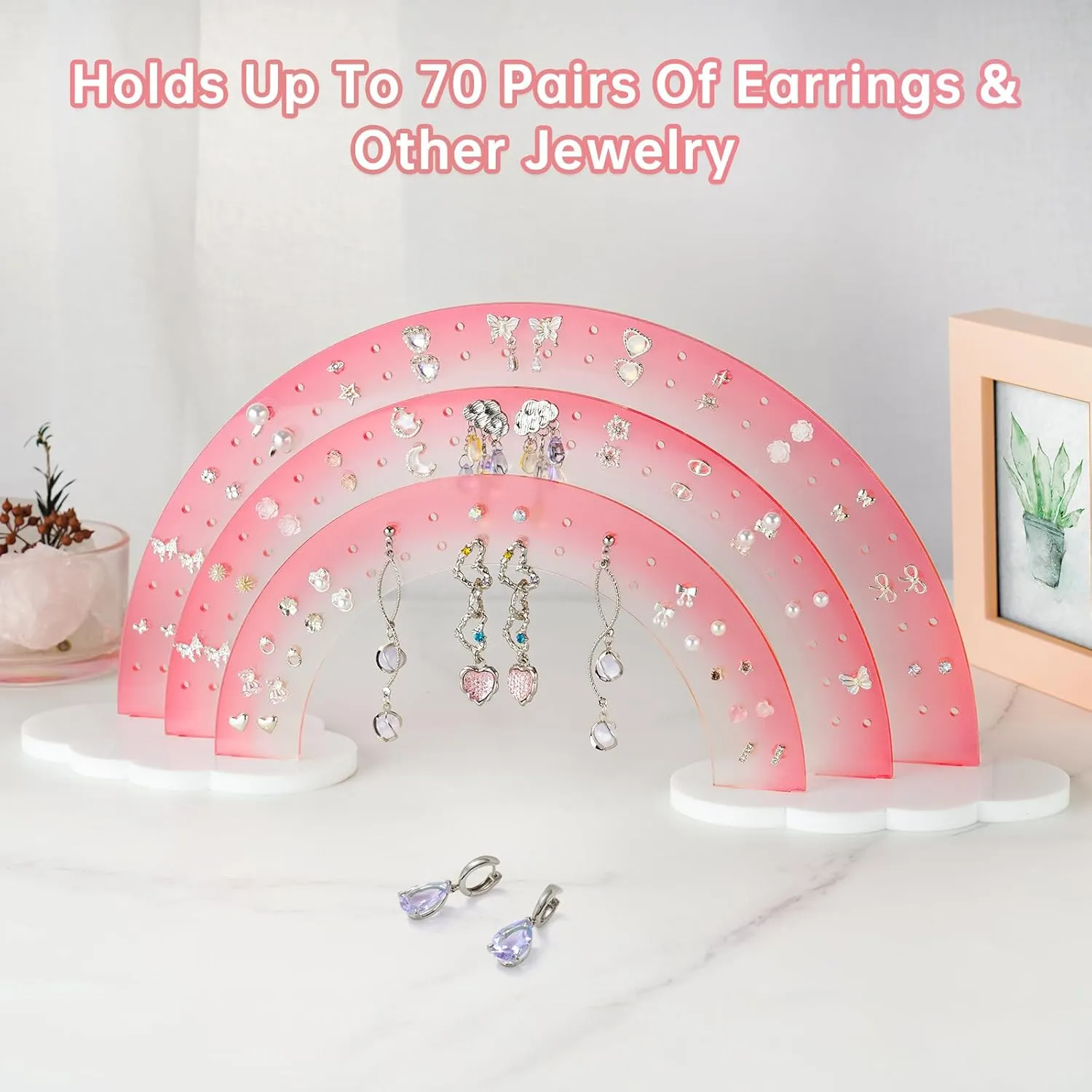 NiHome 3-Tier Gradient Color Acrylic Rainbow Earring Organizer, 14" W x 6.3" H Lightweight and Durable Design 140 Holes for 70 Pairs, Unique Front Row for Special Earrings (Pink Gradient)