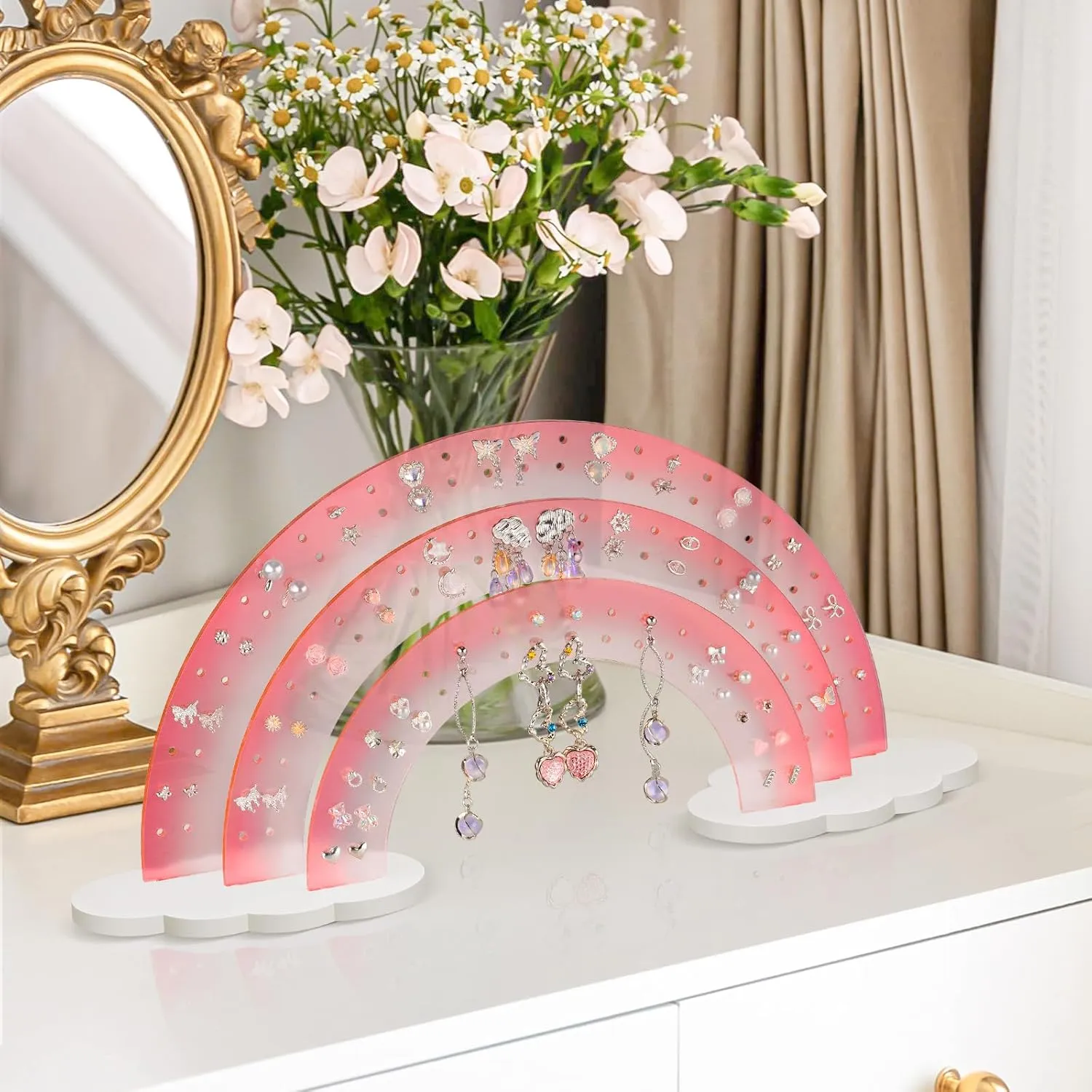 NiHome 3-Tier Gradient Color Acrylic Rainbow Earring Organizer, 14" W x 6.3" H Lightweight and Durable Design 140 Holes for 70 Pairs, Unique Front Row for Special Earrings (Pink Gradient)