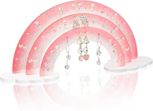 NiHome 3-Tier Gradient Color Acrylic Rainbow Earring Organizer, 14" W x 6.3" H Lightweight and Durable Design 140 Holes for 70 Pairs, Unique Front Row for Special Earrings (Pink Gradient)