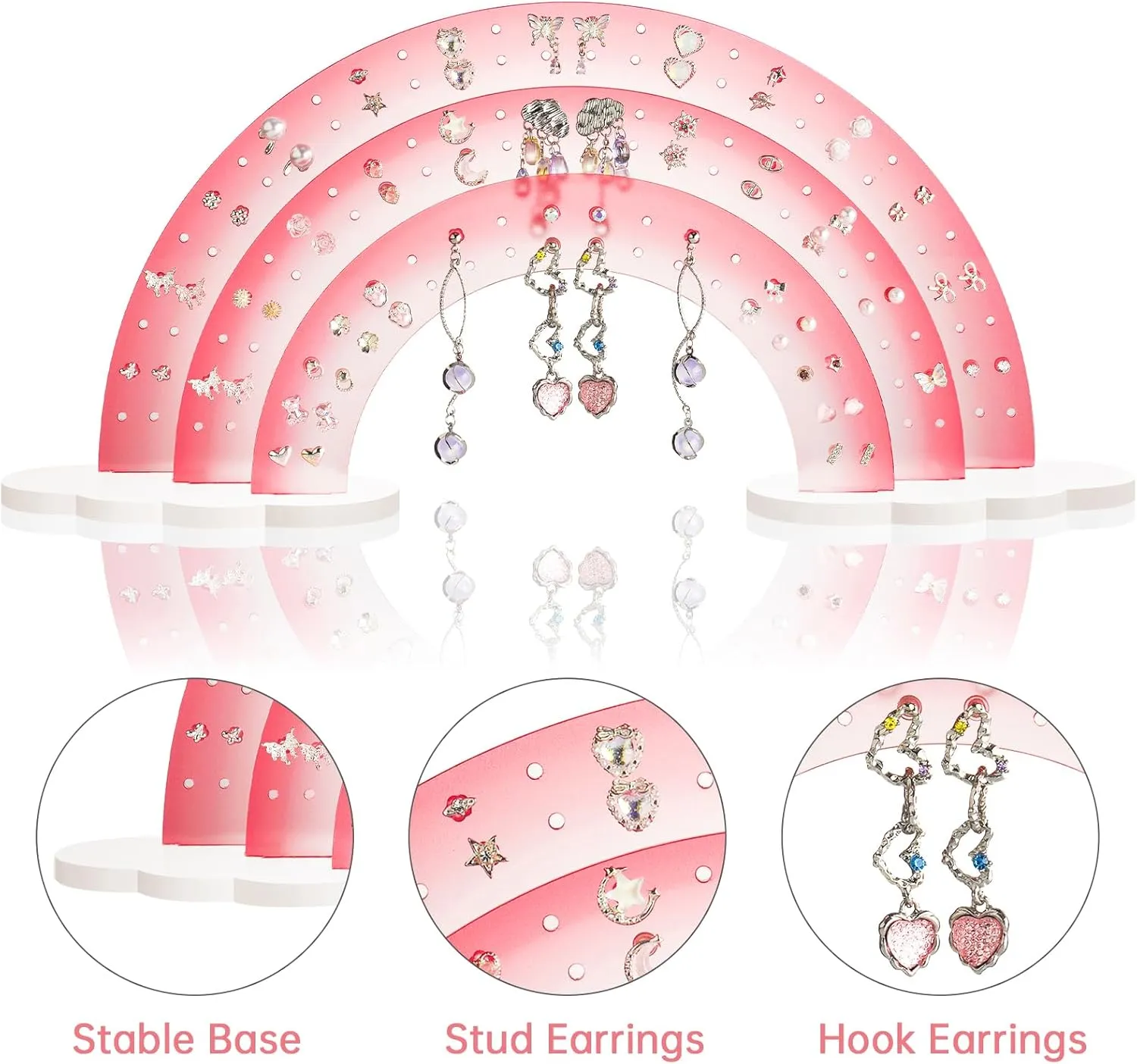 NiHome 3-Tier Gradient Color Acrylic Rainbow Earring Organizer, 14" W x 6.3" H Lightweight and Durable Design 140 Holes for 70 Pairs, Unique Front Row for Special Earrings (Pink Gradient)
