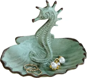NIKKY HOME Jewelry Holder Seahorse with Shell Dish Decorative Hanging Jewelry Stand Display Vintage Ring Tray Shabby Chic Earring Necklace Metal Organizer Handmade Gift for Women Girl, Aqua Blue