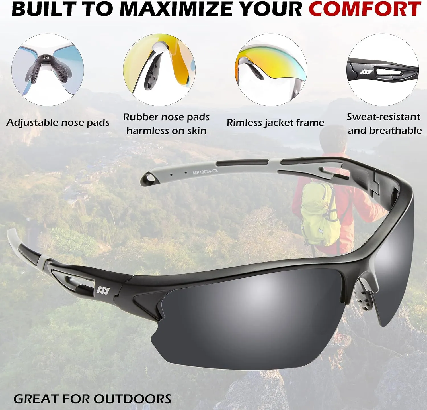 Outdoor Sports Polarized wrap around Cycling Sunglasses for Men & Women TR90 Frame UV Protection for fishing