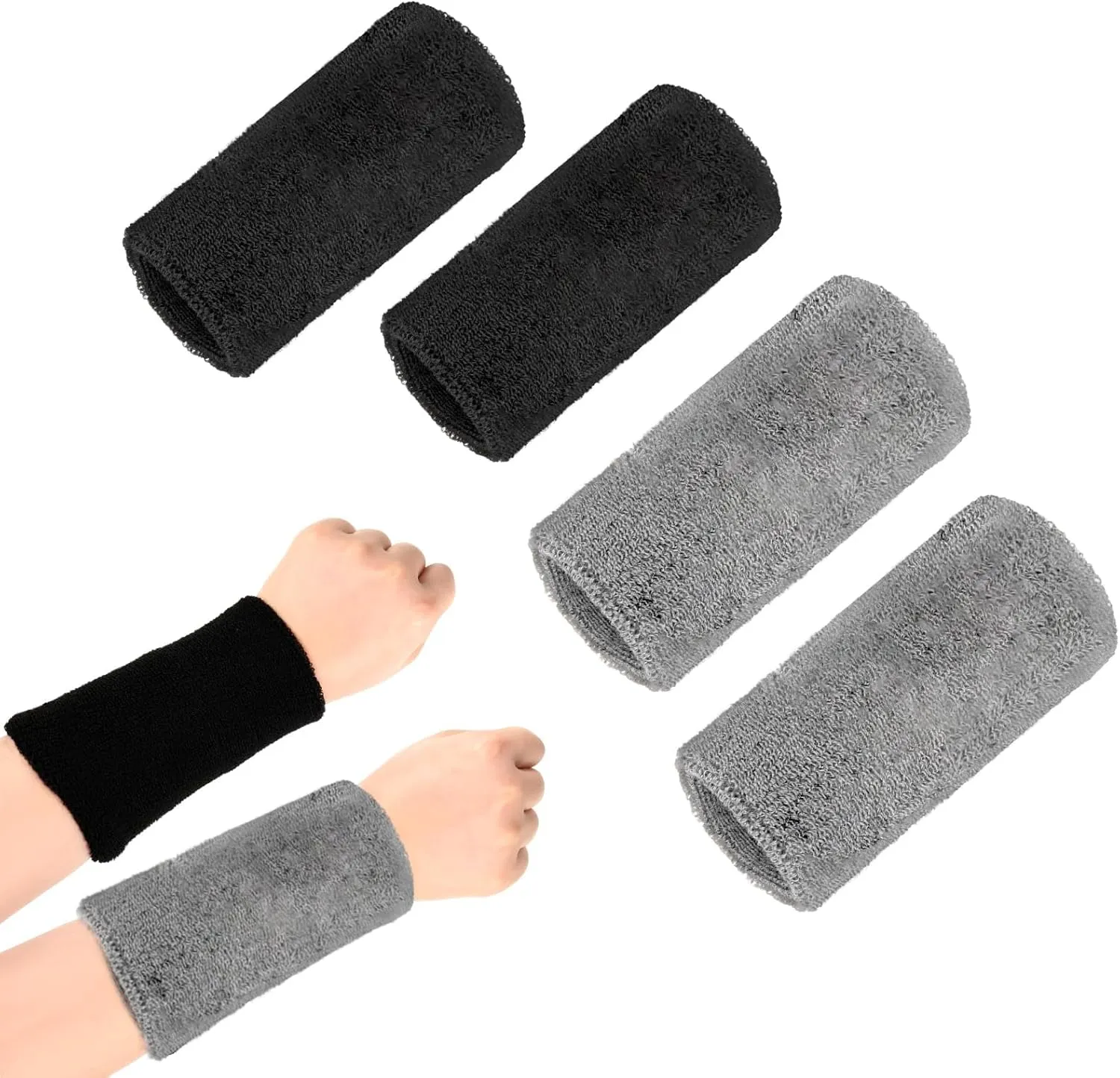 Pack of 4 Sweatbands Wristbands,Wrist bands for Sweat Wristbands Sports Wrist Sweatbands Athletic Tennis Wristband for Women White Wrist Sweat Bands Men Cotton Black Wristbands-Black and Grey