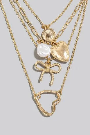 Pearl Heart Ribbon Charms Layered Chains Necklace