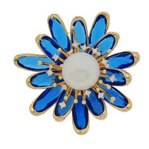 Pretty Imitated Pearl and Blue Crystal Flower Brooch Pin Gift Jewelry