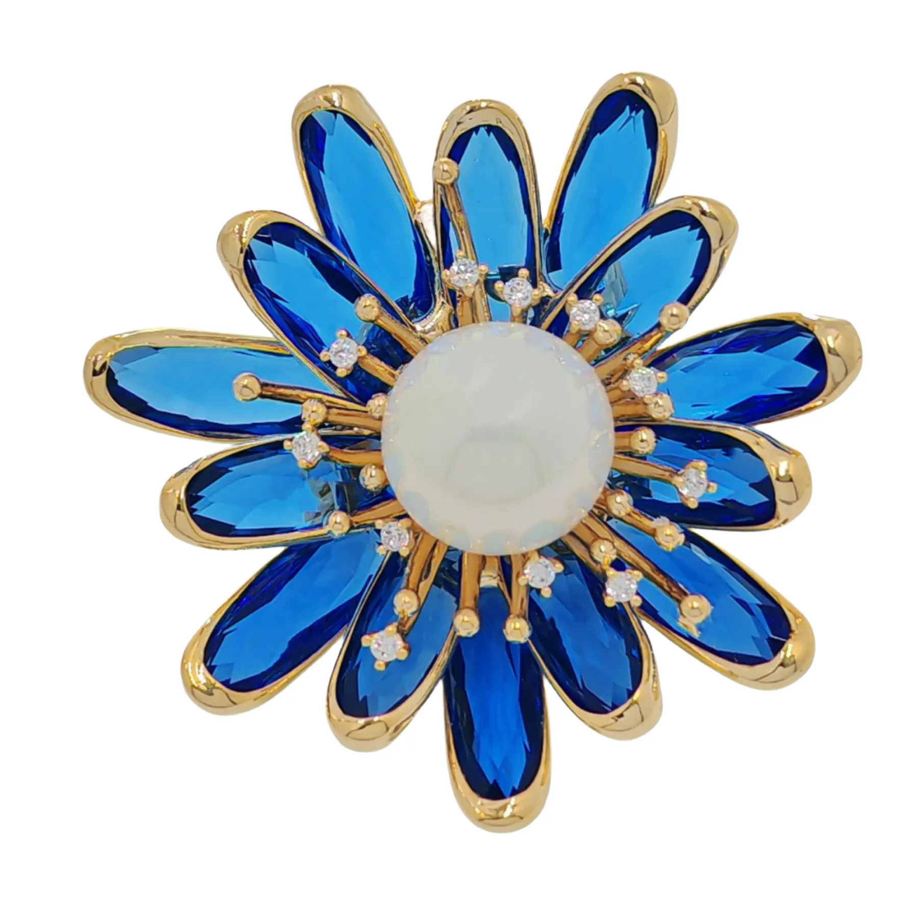 Pretty Imitated Pearl and Blue Crystal Flower Brooch Pin Gift Jewelry