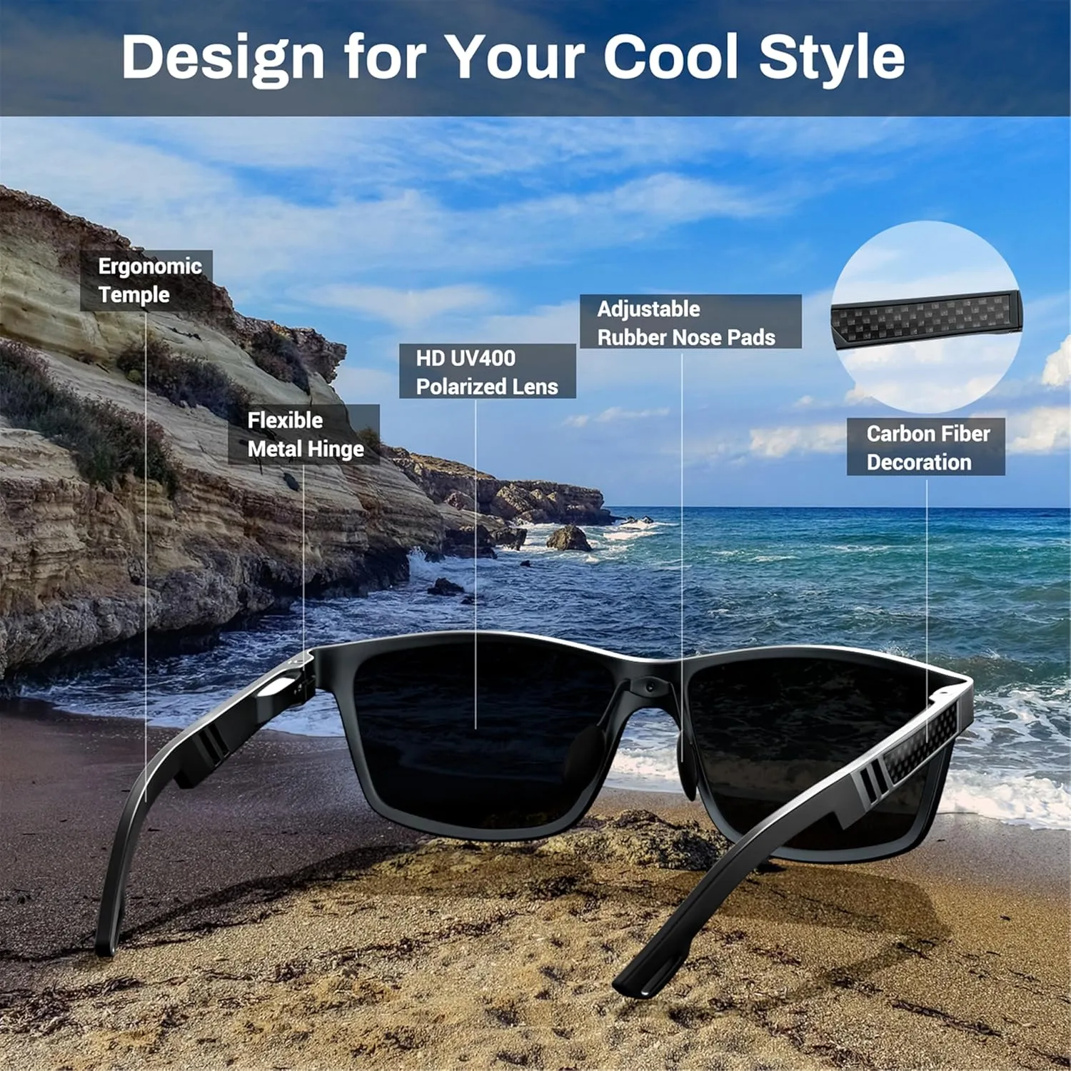 ROCKNIGHT HD Driving Sunglasses Men Polarized UV Protection Al-Mg Metal Frame Lightweight Flat Lens Hiking Fishing