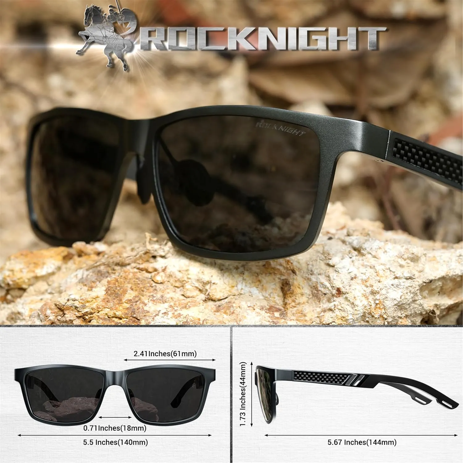 ROCKNIGHT HD Driving Sunglasses Men Polarized UV Protection Al-Mg Metal Frame Lightweight Flat Lens Hiking Fishing
